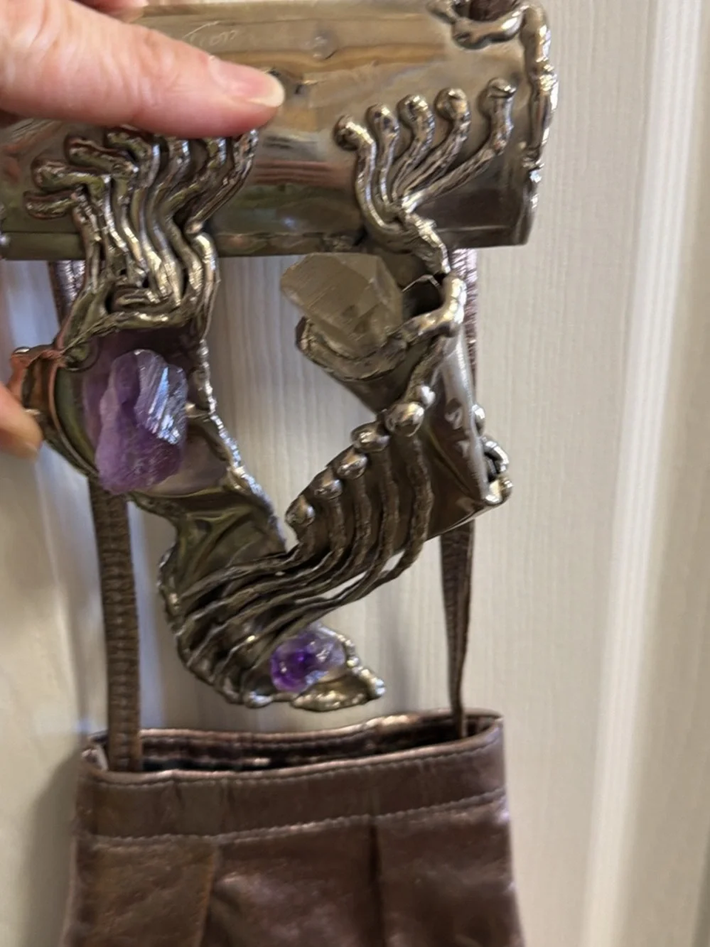 Metallic Bronze Crossbody Bag with Silver Sculptural Accent and Amethyst Details